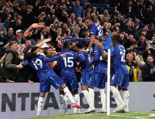 London, England, 3rd April 2025. Enzo Fernandez of Chelsea celebrates scoring his sides opening goal during the Chelsea v Tottenham Premier League match at Stamford Bridge, London. Picture credit should read: David Klein Sportimage EDITORIAL USE ONLY. No use with unauthorised audio, video, data, fixture lists, club league logos or live services. Online in-match use limited to 120 images, no video emulation. No use in betting, games or single club league player publications. SPI_021_DK_Chelsea_Tottenham SPI-3792-0021