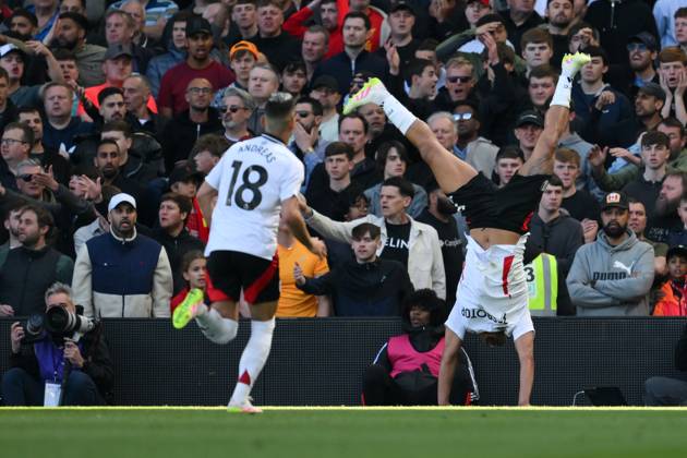Football - 2024 2025 Premier League - Fulham vs Liverpool - Craven Cottage - Sunday 6th April 2025. Fulham s Rodrigo Muniz celebrates scoring his sides third goal. COLORSPORT Ashley Western