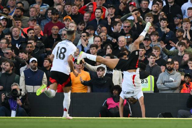 Football - 2024 2025 Premier League - Fulham vs Liverpool - Craven Cottage - Sunday 6th April 2025. Fulham s Rodrigo Muniz celebrates scoring his sides third goal. COLORSPORT Ashley Western