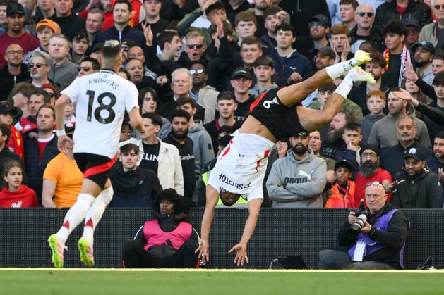 Football - 2024 2025 Premier League - Fulham vs Liverpool - Craven Cottage - Sunday 6th April 2025. Fulham s Rodrigo Muniz celebrates scoring his sides third goal. COLORSPORT Ashley Western
