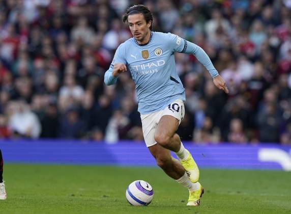 Manchester, England, 6th April 2025. Jack Grealish of Manchester City during the Manchester United, ManU vs Manchester City Premier League match at Old Trafford, Manchester. Picture credit should read: Andrew Yates Sportimage EDITORIAL USE ONLY. No use with unauthorised audio, video, data, fixture lists, club league logos or live services. Online in-match use limited to 120 images, no video emulation. No use in betting, games or single club league player publications. SPI_106_AY_United_City SPI-3814-0107