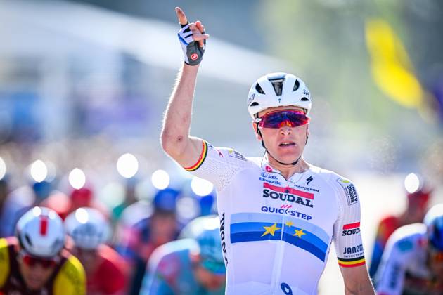 Belgian Tim Merlier of Soudal Quick-Step celebrates as he crosses the finish line to win the men s race of the 113th edition of the Scheldeprijs one day cycling event, 202,8 km from Terneuzen, the Netherlands to Schoten, Belgium on Wednesday 09 April 2025. ERICxLALMAND x120392604x