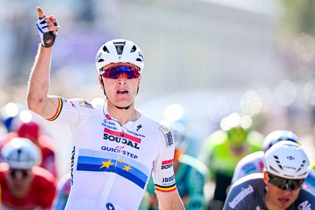 Belgian Tim Merlier of Soudal Quick-Step celebrates after winning the men s race of the 113th edition of the Scheldeprijs one day cycling event, 202,8 km from Terneuzen, the Netherlands to Schoten, Belgium on Wednesday 09 April 2025. ERICxLALMAND x120393820x