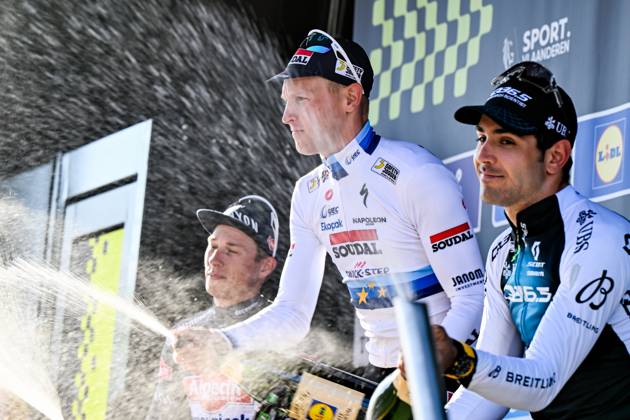 Belgian Tim Merlier of Soudal Quick-Step celebrates on the podium after winning the men s race of the 113th edition of the Scheldeprijs one day cycling event, 202,8 km from Terneuzen, the Netherlands to Schoten, Belgium on Wednesday 09 April 2025. ERICxLALMAND x120395921x