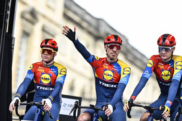 Danish Mads Pedersen of Lidl-Trek and Belgian Tim Declercq of Lidl-Trek pictured at the start of the men elite race of the Paris-Roubaix one day cycling race, 259,2 km from Compiegne to Roubaix, France, on Sunday 13 April 2025. JASPERxJACOBS x120699124x