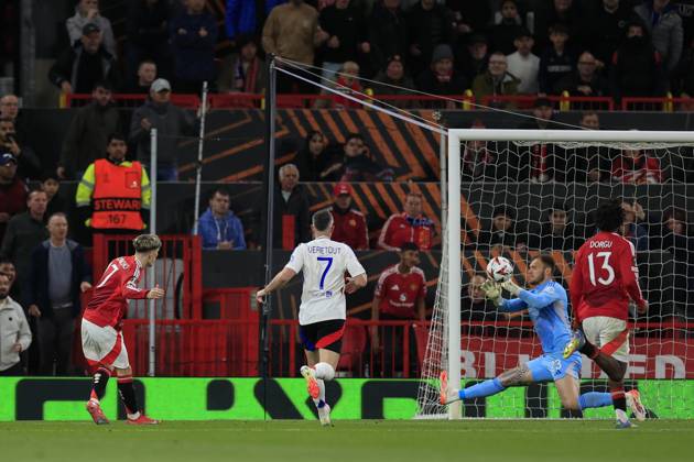 Manchester United, ManU v Olympique Lyonnais Europa League 17 04 2025. Quarter Final leg 2 of 2 Alejandro Garnacho (17) of Manchester United sees his shot saved by Thiago Almada (23) of Olympique Lyonnais during the Europa League quarter final second leg match between Manchester United and Olympique Lyonnais at Old Trafford, Manchester, England on 17 April 2025. Manchester Old Trafford Greater Manchester England Editorial use only , Copyright: xConorxMolloyx PSI-21857-0063