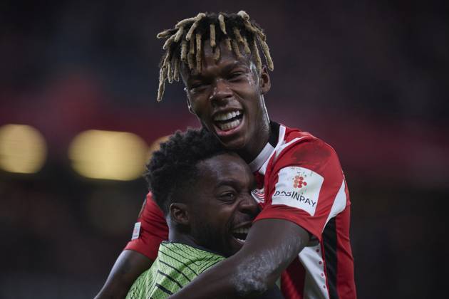 Athletic Club™s Nico Williams (r) and Inaki Williams (l) celebrate a goal during UEFA Europa League 2024 2025 Round of 8 2nd leg match. April 17,2025. (2025041745)