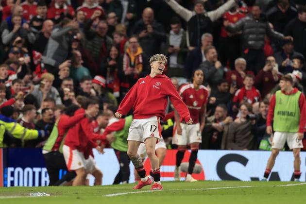 Manchester United, ManU v Olympique Lyonnais Europa League 17 04 2025. Quarter Final leg 2 of 2 Alejandro Garnacho (17) of Manchester United runs on to celebrate the winning goal during the Europa League quarter final second leg match between Manchester United and Olympique Lyonnais at Old Trafford, Manchester, England on 17 April 2025. Manchester Old Trafford Greater Manchester England Editorial use only , Copyright: xConorxMolloyx PSI-21857-0099