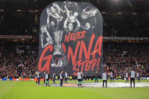 Manchester United, ManU v Olympique Lyonnais Europa League 17 04 2025. Quarter Final leg 2 of 2 United unveil a huge tifo before the Europa League quarter final second leg match between Manchester United and Olympique Lyonnais at Old Trafford, Manchester, England on 17 April 2025. Manchester Old Trafford Greater Manchester England Editorial use only , Copyright: xConorxMolloyx PSI-21857-0251