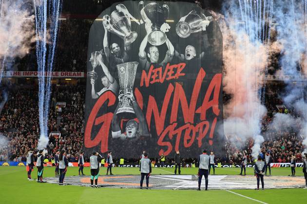 Manchester United, ManU v Olympique Lyonnais Europa League 17 04 2025. Quarter Final leg 2 of 2 United unveil a huge tifo amid a firework display before the Europa League quarter final second leg match between Manchester United and Olympique Lyonnais at Old Trafford, Manchester, England on 17 April 2025. Manchester Old Trafford Greater Manchester England Editorial use only , Copyright: xConorxMolloyx PSI-21857-0252