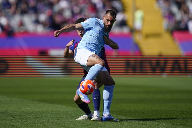 FC Barcelona, Barca - RC Celta. La Liga EA Sports match. Date 32 Pau Cubarsi of FC Barcelona and Borja Iglesias of of RC Celta during the La Liga EA Sports match between FC Barcelona and RC Celta played at Lluis Companys Stadium on 19 April 2025 in Barcelona, Spain. kpng Copyright: xSergioxRuizx xImagox PS_250419_BAR_CEL_071