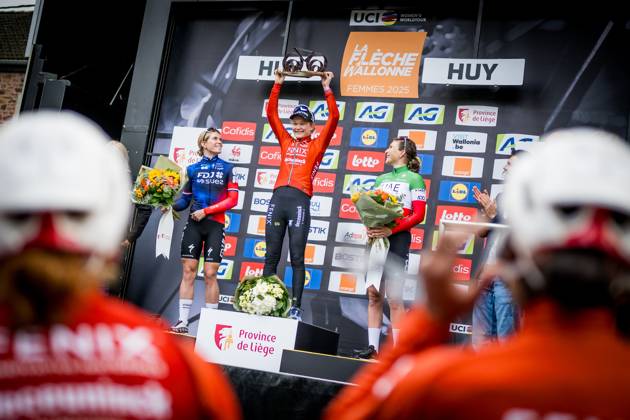 Dutch Puck Pieterse of Fenix-Deceuninck celebrates on the podium after winning the women s race of the La Fleche Wallonne , one day cycling race (Waalse Pijl - Walloon Arrow), 140,7 km from Ciney to Huy, Wednesday 23 April 2025. JASPERxJACOBS  x121664287x