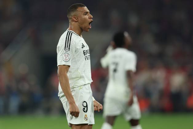 FC Barcelona, Barca Real Madrid CF. Copa del Rey. Final. Kylian Mbappe of Real Madrid celebrates the 1-1 during the Copa del Rey match, Final, between FC Barcelona and Real Madrid CF played at La Cartuja Stadium on April 26, 2025 in Sevilla, Spain. kpng Copyright: xPressinphotox AP_240424_BAR_RMA_COP_062