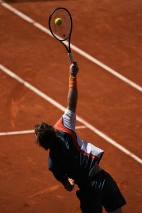 April 27, 2025, Madrid, Madrid, Spain: Andrey Rublev of Russia in action against Aleksander Bublik of Kazakhstan during the Mutua Madrid Open 2025, ATP, Tennis Herren Masters 1000 and WTA, Tennis Damen 1000 tennis tournament, celebrated at Caja Magica on April 27, 2025 in Madrid, Spain. Madrid Spain - ZUMAa181 20250427_zaa_a181_066 Copyright: xOscarxJ.xBarrosox