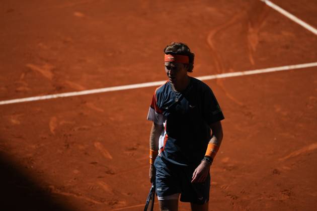 April 27, 2025, Madrid, Madrid, Spain: Andrey Rublev of Russia in action against Aleksander Bublik of Kazakhstan during the Mutua Madrid Open 2025, ATP, Tennis Herren Masters 1000 and WTA, Tennis Damen 1000 tennis tournament, celebrated at Caja Magica on April 27, 2025 in Madrid, Spain. Madrid Spain - ZUMAa181 20250427_zaa_a181_070 Copyright: xOscarxJ.xBarrosox