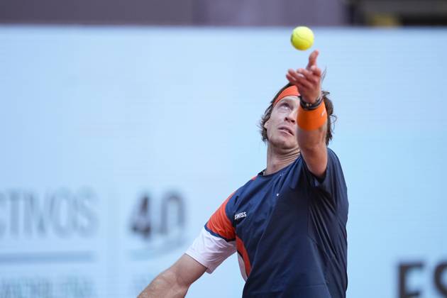 April 27, 2025, Madrid, Madrid, Spain: Andrey Rublev of Russia in action against Aleksander Bublik of Kazakhstan during the Mutua Madrid Open 2025, ATP, Tennis Herren Masters 1000 and WTA, Tennis Damen 1000 tennis tournament, celebrated at Caja Magica on April 27, 2025 in Madrid, Spain. Madrid Spain - ZUMAa181 20250427_zaa_a181_076 Copyright: xOscarxJ.xBarrosox