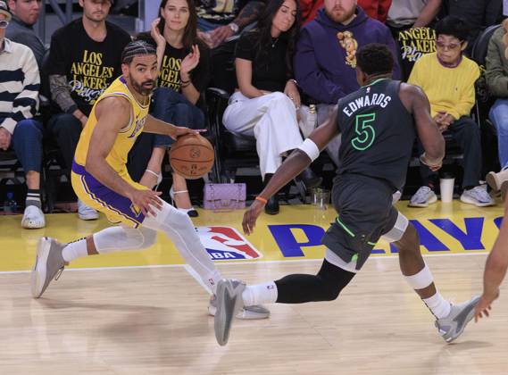 April 30, 2025, Los Angeles, California, USA: Gabe Vincent 7 of the Los Angeles Lakers is defended by Anthony Edwards 5 of the Minnesota Timberwolves during Round One Game Five of the 2025 NBA, Basketball Herren, USA Playoffs on Wednesday May 30, 2025 at Crypto.com Arena in Los Angeles, California. Lakers lose to Timberwolves, 96-103. JAVIER ROJAS PI Los Angeles USA - ZUMAp124 20250430_zaa_p124_081 Copyright: xJavierxRojasx