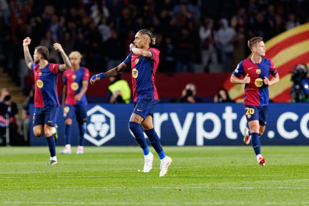 Raphinha seen celebrating after scoring goal during UEFA Champions League game between teams of FC Barcelona, Barca and Internazionale Milano (Maciej Rogowski) Barcelona Estadi Olimpic Lluis Companys Spain Copyright: xMaciejxRogowskix fcbinter2425-339