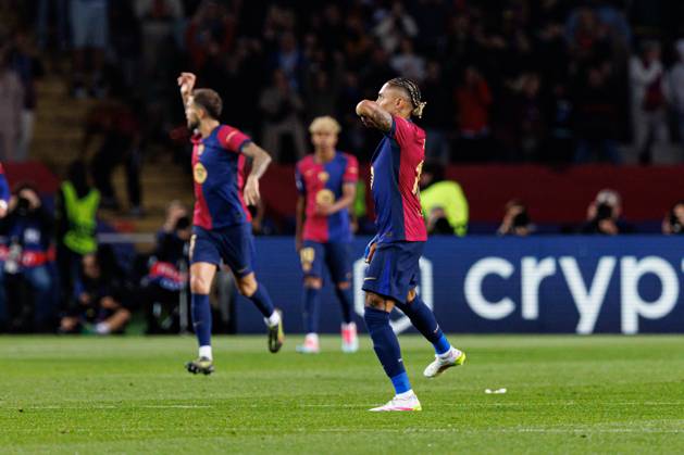 Raphinha seen celebrating after scoring goal during UEFA Champions League game between teams of FC Barcelona, Barca and Internazionale Milano (Maciej Rogowski) Barcelona Estadi Olimpic Lluis Companys Spain Copyright: xMaciejxRogowskix fcbinter2425-342