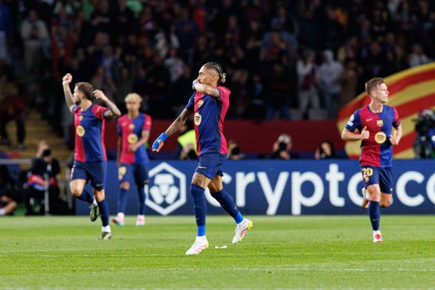 Raphinha seen celebrating after scoring goal during UEFA Champions League game between teams of FC Barcelona, Barca and Internazionale Milano (Maciej Rogowski) Barcelona Estadi Olimpic Lluis Companys Spain Copyright: xMaciejxRogowskix fcbinter2425-341