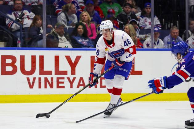 April 11th 2025: Laval Rocket forward Filip Mesar (48) skates in the first period in a game against the Rochester Americans. The Rochester Americans hosted the Laval Rocket on Hall of Fame Night honoring Ryan Miller in an American Hockey League game at Blue Cross Arena in Rochester, New York. ( CSM) Rochester United States of America - ZUMAc04_ 20250411_zma_c04_101 Copyright: xJonathanxTencax