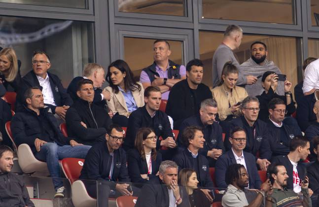 03 05 2025, Soccer 1 Bundesliga 2024 2025, Matchday 32, RB Leipzig FC Bayern Munich, in the Red Bull Arena Leipzig, VIP stand, club management RB Leipzig with Managing Director Sport Marcel Schäfer RB Leipzig , Mario Gomez Technical Director Red Bull Soccer , Johannes B Kerner with wife Alina, Michael Ballack,