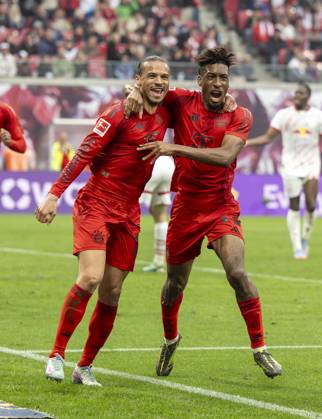 03 05 2025, Soccer 1 Bundesliga 2024 2025, Matchday 32, RB Leipzig FC Bayern Munich, in the Red Bull Arena Leipzig, Goal celebration Leroy Sane li, Bayern Munich after his 3 2 lead goal, with Kingsley Coman FC Bayern Munich ,