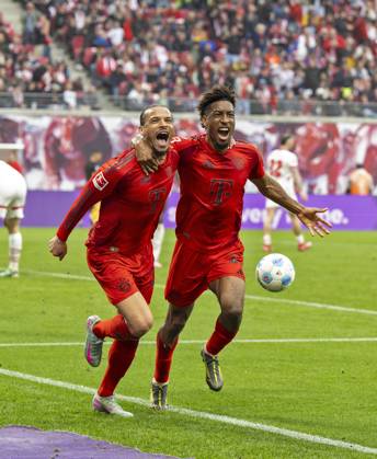 03 05 2025, Soccer 1 Bundesliga 2024 2025, Matchday 32, RB Leipzig FC Bayern Munich, in the Red Bull Arena Leipzig, Goal celebration Leroy Sane li, Bayern Munich after his 3 2 lead goal, with Kingsley Coman FC Bayern Munich ,