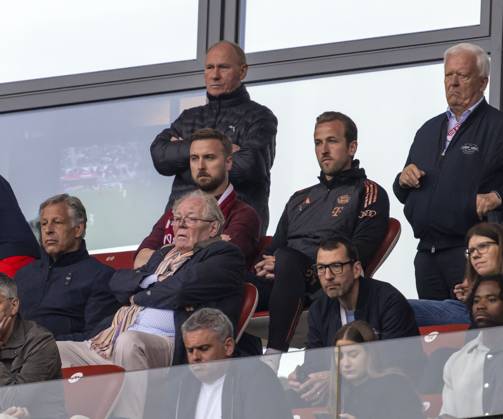 03 05 2025, Soccer 1 Bundesliga 2024 2025, Matchday 32, RB Leipzig FC Bayern Munich, in the Red Bull Arena Leipzig, VIP stand, with Harry Kane top right, FC Bayern Munich , brother Charlie Kane to the left,
