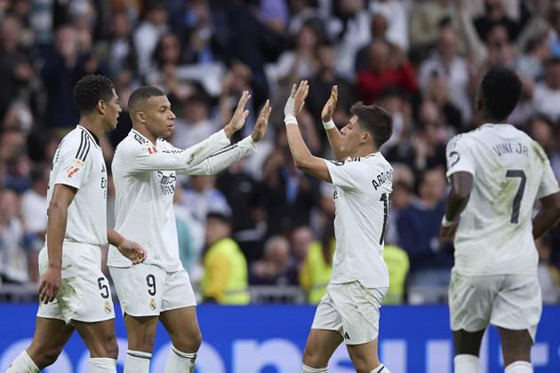 Kylian Mbappe Real Madrid CF celebrates after scoring his team˜s second goal with team mates during the LaLiga match between Real Madrid and RC Celta at Santiago Bernabà u on May 4, 2025 in Madrid, Spain Photo by Manu Reino DeFodi Images