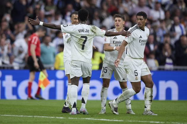 Kylian Mbappe Real Madrid CF celebrates after scoring his team˜s second goal with team mates during the LaLiga match between Real Madrid and RC Celta at Santiago Bernabà u on May 4, 2025 in Madrid, Spain Photo by Manu Reino DeFodi Images