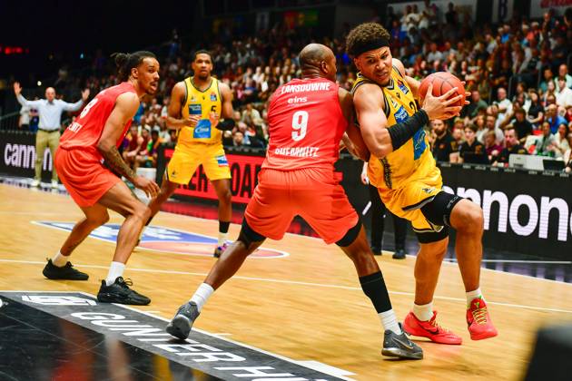easyCredit Basketball Bundesliga, BBL, Season 2024 2025, Men 01 05 2025, Niners Chemnitz MHP RIESEN Ludwigsburg Brandon Tischler MHP RIESEN Ludwigsburg, No24 , DeAndre Lansdowne Niners Chemnitz, No 9 Copyright Kai Schmidt Chemnitz Messe Chemnitz Saxony Germany