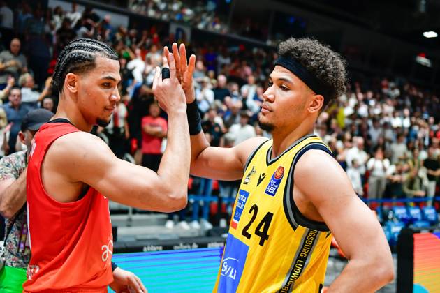 easyCredit Basketball Bundesliga, BBL, Season 2024 2025, Men 01 05 2025, Niners Chemnitz MHP RIESEN Ludwigsburg Nicholas Tischler Niners Chemnitz, No 33 , Brandon Tischler MHP RIESEN Ludwigsburg, No24 Copyright Kai Schmidt Chemnitz Messe Chemnitz Saxony Germany