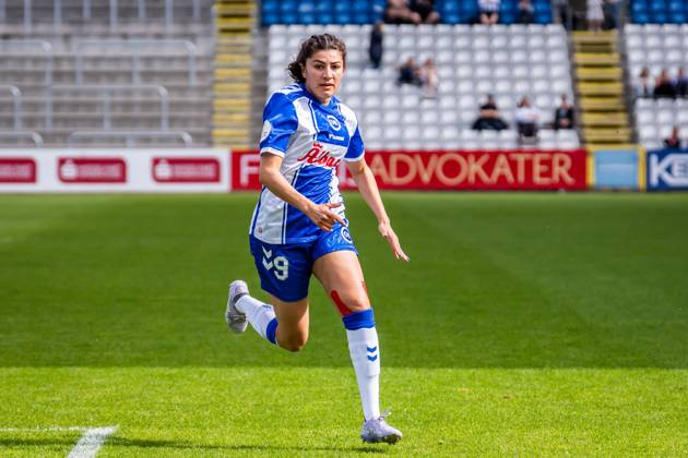OB Q v HB Koge, Gjensidige Kvindeliga football, Odense, Denmark Odense, Denmark. 10th, May 2025. Madelyn Desiano (9) of OB Q seen during the Gjensidige Kvindeliga match between OB Q and HB Koge at Nature Energy Park in Odense. Denmark, Odense Copyright: xGonzalesxPhoto KentxRasmussenx