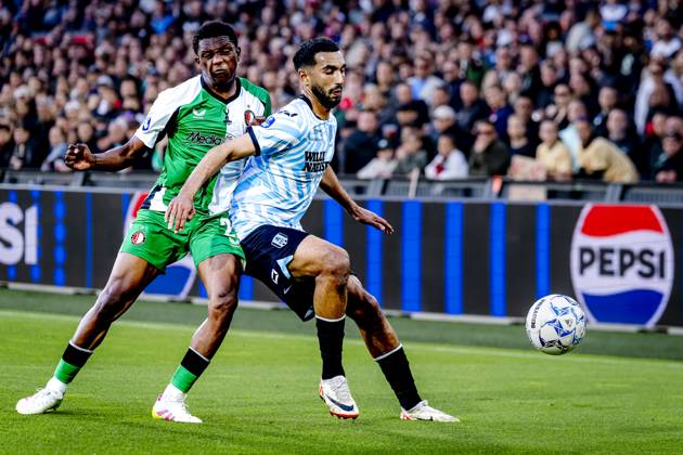 Feyenoord Rotterdam midfielder Givairo Read, RKC midfielder Yassin Oukili during the match Feyenoord RKC at the Feyenoord stadium De Kuip for the Dutch Eredivisie season 2024 2025 in ROTTERDAM, Netherlands on 14 may 2025, photo by Marcel van Dorst EYE4images DeFodi Images