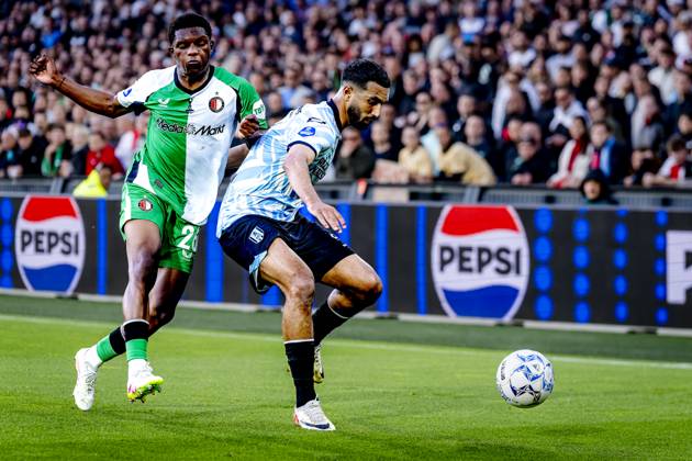 Feyenoord Rotterdam midfielder Givairo Read, RKC midfielder Yassin Oukili during the match Feyenoord RKC at the Feyenoord stadium De Kuip for the Dutch Eredivisie season 2024 2025 in ROTTERDAM, Netherlands on 14 may 2025, photo by Marcel van Dorst EYE4images DeFodi Images