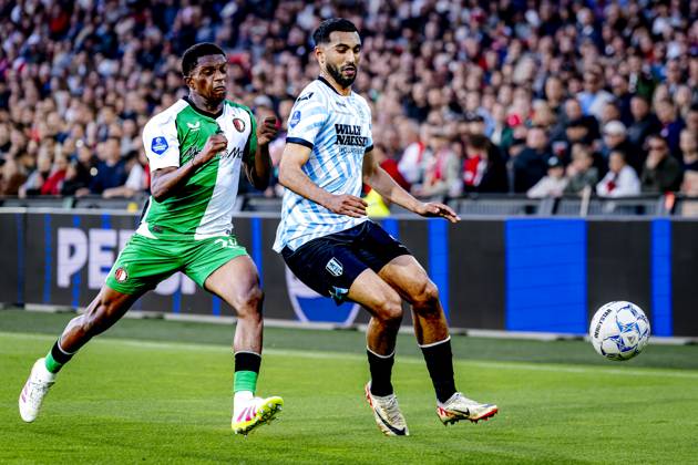 Feyenoord Rotterdam midfielder Givairo Read, RKC midfielder Yassin Oukili during the match Feyenoord RKC at the Feyenoord stadium De Kuip for the Dutch Eredivisie season 2024 2025 in ROTTERDAM, Netherlands on 14 may 2025, photo by Marcel van Dorst EYE4images DeFodi Images
