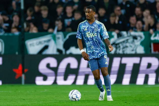 Jorrel Hato of Ajax dribbles with the ball , Eredivisie, FC Groningen v AFC Ajax, Euroborg, May 14, 2025, Groningen, Netherlands.