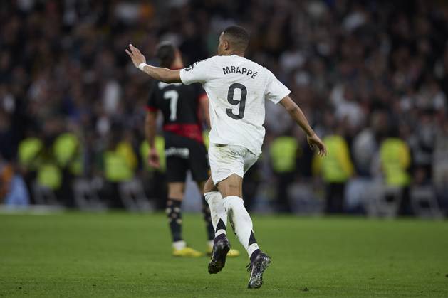 Kylian Mbappe Real Madrid CF celebrates after scoring his team˜s first goal during the LaLiga match between Real Madrid and RCD Mallorca at Santiago Bernabà u on May 14, 2025 in Madrid, Spain Photo by Manu Reino DeFodi Images