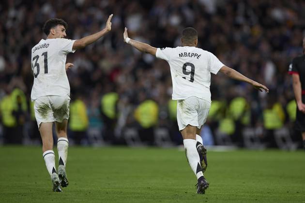 Kylian Mbappe Real Madrid CF celebrates after scoring his team˜s first goal during the LaLiga match between Real Madrid and RCD Mallorca at Santiago Bernabà u on May 14, 2025 in Madrid, Spain Photo by Manu Reino DeFodi Images