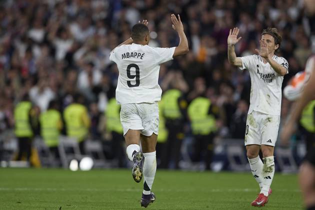 Kylian Mbappe Real Madrid CF celebrates after scoring his team˜s first goal during the LaLiga match between Real Madrid and RCD Mallorca at Santiago Bernabà u on May 14, 2025 in Madrid, Spain Photo by Manu Reino DeFodi Images