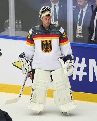 Mathias Niederberger Nr. 35 goalie of Germany in the preliminary round match SWITZERLAND - GERMANY 5-1 of the IIHF Ice hockey, Eishockey World Championship, WM, Weltmeisterschaft Group B in Jyske Bank Arena in Herning, Denmark, May 15, 2025. Season 2024 2025