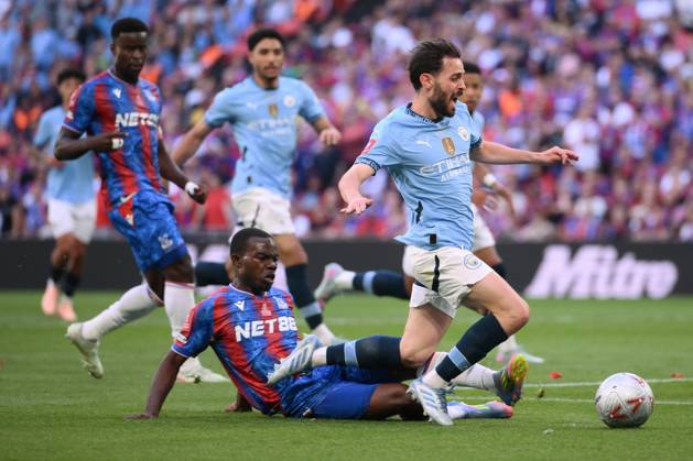 Football - 2024 2025 Emirates FA Cup - Final - Crystal Palace vs Manchester City - Wembley Stadium - Saturday 17th May 2025. Manchester City s Bernardo Silva fouled by Crystal Palace s Tyrick Mitchell leading to a penalty missed by Omar Marmoush. COLORSPORT Ashley Western