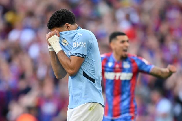 Football - 2024 2025 Emirates FA Cup - Final - Crystal Palace vs Manchester City - Wembley Stadium - Saturday 17th May 2025. Manchester City s Omar Marmoush dejected as his penalty is saved by Crystal Palace s Dean Henderson. COLORSPORT Ashley Western
