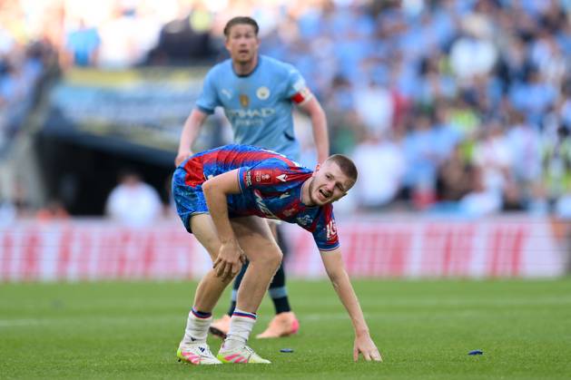 Football - 2024 2025 Emirates FA Cup - Final - Crystal Palace vs Manchester City - Wembley Stadium - Saturday 17th May 2025. Crystal Palace s Adam Wharton injured in the 2nd half. COLORSPORT Ashley Western