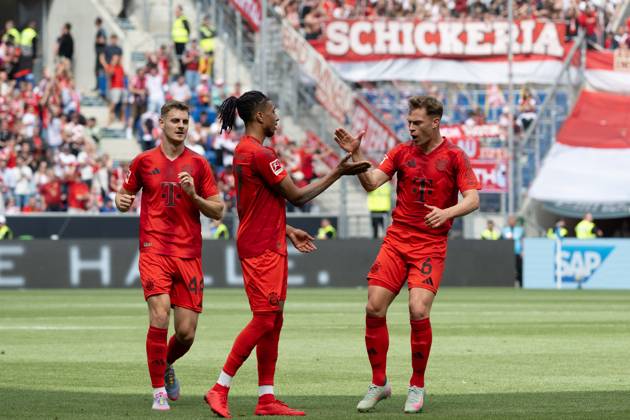Goal for 0 1 by Michael Olise FC Bayern Muenchen, 17 , free kick, GOAL, cheer, goal celebration with Josip Stanisic FC Bayern Muenchen, 44 , Joshua Kimmich FC Bayern Muenchen, 06 GER, TSG 1899 Hoffenheim vs FC Bayern Muenchen, Football, Men, 1 Bundesliga, Matchday 34, Season 2024 2025, 17 05 2025, DFL DFB REGULATES PROHIBIT ANY USE OF PHOTOGRAPHS AS IMAGE SEQUENCES AND OR QUASI VIDEO, GER, TSG 1899 Hoffenheim vs FC Bayern Muenchen, Football, Men, 1 Bundesliga, 34 Matchday, Season 2024 2025, 17 05 2025 Sinsheim Copyright: xEibner-Pressefoto WolfgangxFrankx EP_WFK
