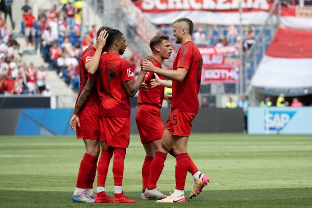 Goal for 0 1 by Michael Olise FC Bayern Muenchen, 17 , free kick, GOAL, cheer, goal celebration with Josip Stanisic FC Bayern Muenchen, 44 , Joshua Kimmich FC Bayern Muenchen, 06 , Eric Dier FC Bayern Muenchen, 15 GER, TSG 1899 Hoffenheim vs FC Bayern Muenchen, Football, Men, 1 Bundesliga, 34 Matchday, Season 2024 2025, 17 05 2025, DFL DFB REGULATIONS PROHIBIT ANY USE OF PHOTOGRAPHS AS IMAGE SEQUENCES AND OR QUASI VIDEO, GER, TSG 1899 Hoffenheim vs FC Bayern Muenchen, Football, Men, 1 Bundesliga, 34 Matchday, Season 2024 2025, 17 05 2025 Sinsheim Copyright: xEibner-Pressefoto WolfgangxFrankx EP_WFK