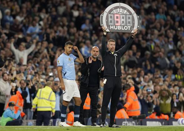 Manchester, England, 20th May 2025. Rodri of Manchester City waits to make an appearance after long term injury during the Manchester City vs AFC Bournemouth Premier League match at the Etihad Stadium, Manchester. Picture credit should read: Andrew Yates Sportimage EDITORIAL USE ONLY. No use with unauthorised audio, video, data, fixture lists, club league logos or live services. Online in-match use limited to 120 images, no video emulation. No use in betting, games or single club league player publications. SPI_058_AY_MAN_CITY_BOURNEMOUTH SPI-3952-0060