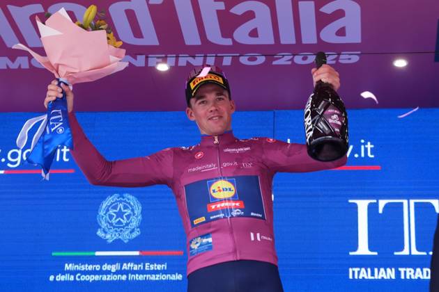 Pedersen Mads of Lidl-Trek cyclamen jersey on the podium during the stage 13 of the Giro d™Italia from Rovigo to Vicenza, Italy - Friday, May 23, 2025. - cycling.  Copyright: xGianxMattiaxD Alberto LaPressex