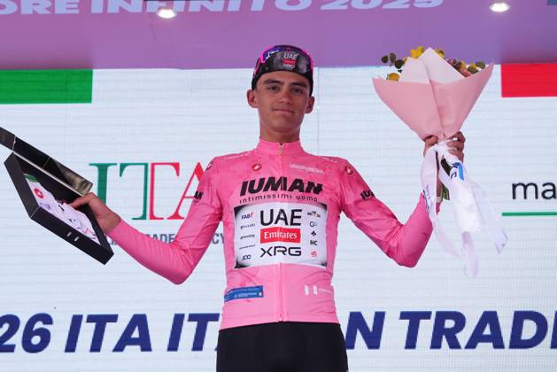 Del Toro Romero Isaac of Uae Team Emirates Xrg pink jersey on the podium during the stage 13 of the Giro d™Italia from Rovigo to Vicenza, Italy - Friday, May 23, 2025. - cycling.  Copyright: xGianxMattiaxD Alberto LaPressex